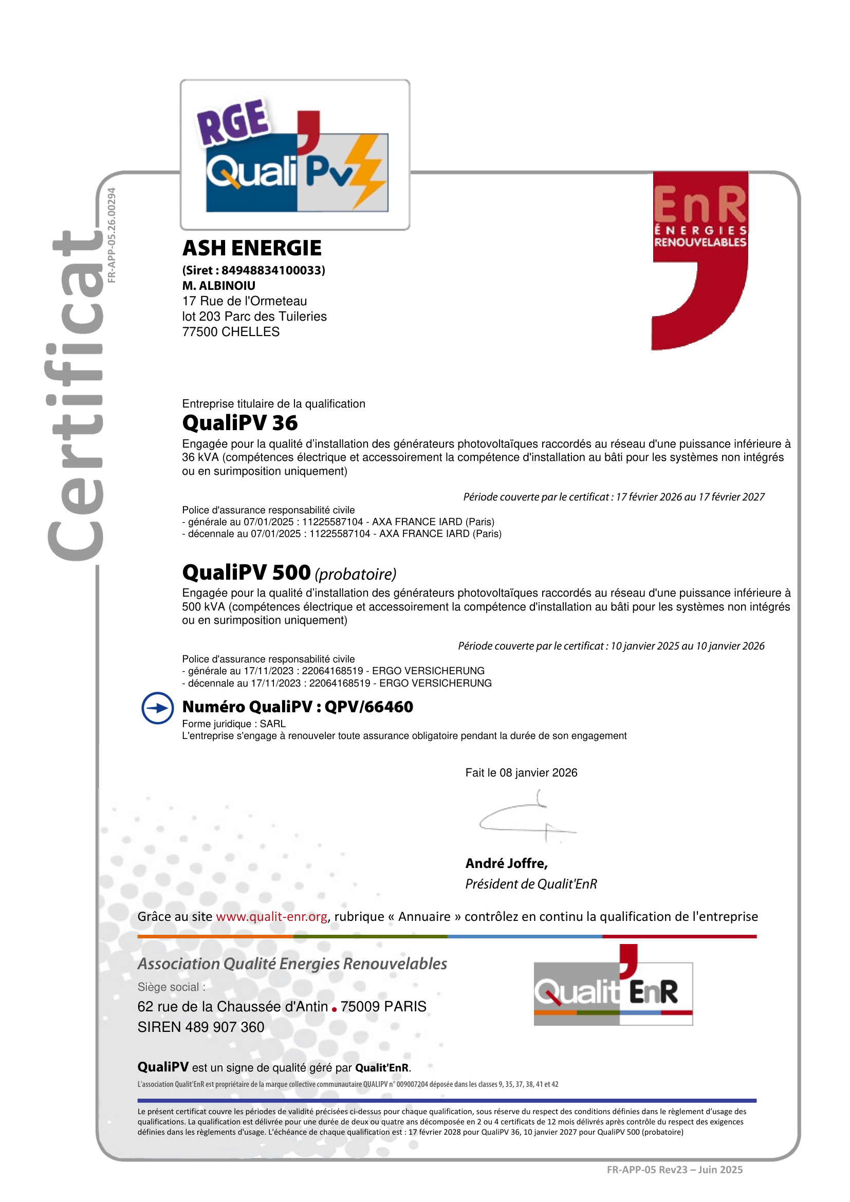 certification RGE EnR ASH Energie