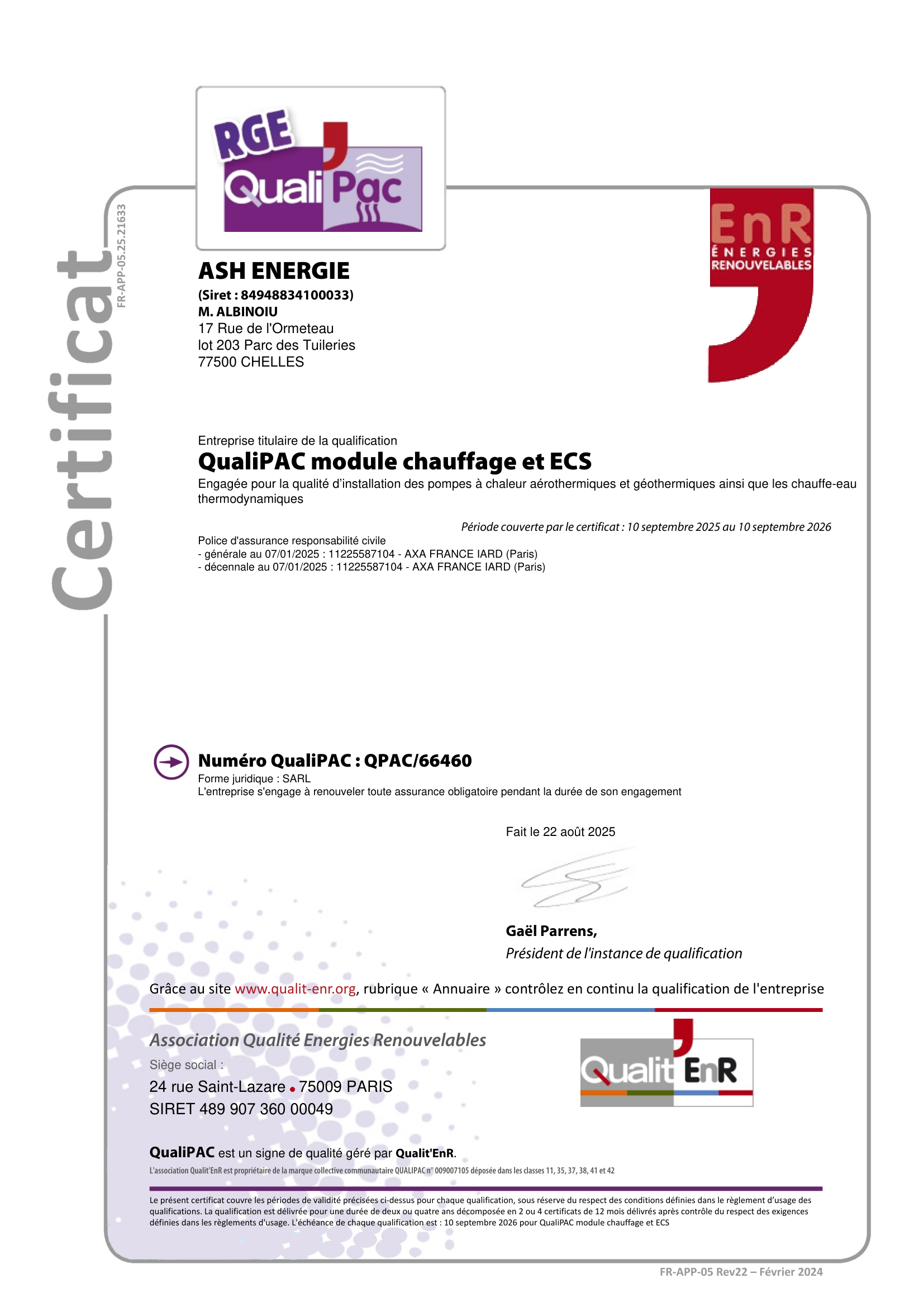 certification RGE QualiPAC ASH Energie